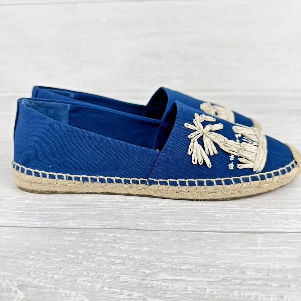 Tory Burch Flat Espadrille Size 8 Raffia‎ Embroidered Straw Blue Tropical Cruise